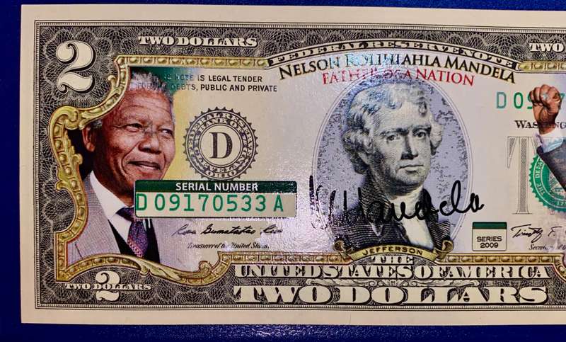 USA nelson mandela 2 dollar commemorative banknote with certification 2009