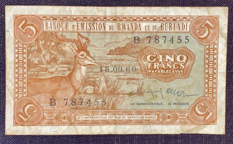 Rwanda & Burundi 5 francs 15-09-1960 B ( Scarce )