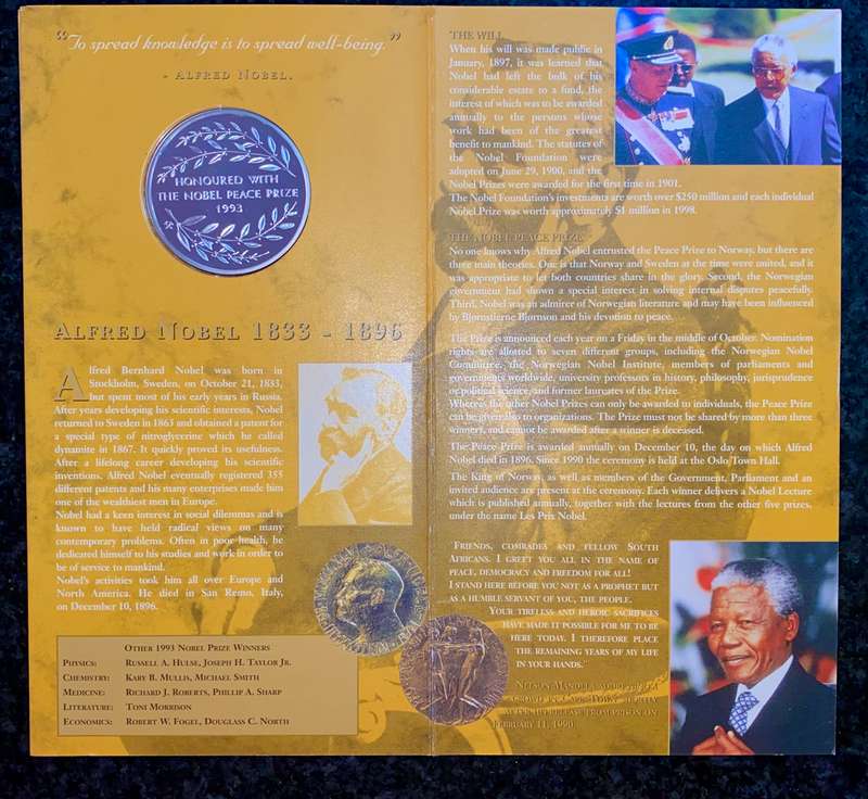 Nelson Mandela 1OZ proof silver - laureate Nobel Peace Prize - Norway Mint in original folder