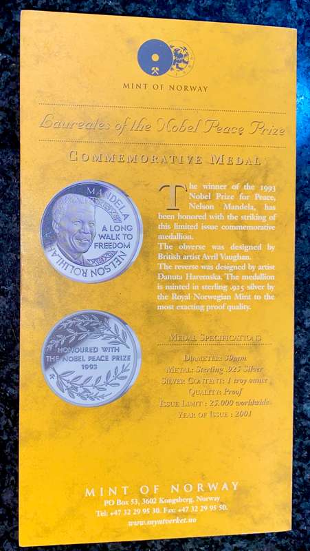 Nelson Mandela 1OZ proof silver - laureate Nobel Peace Prize - Norway Mint in original folder