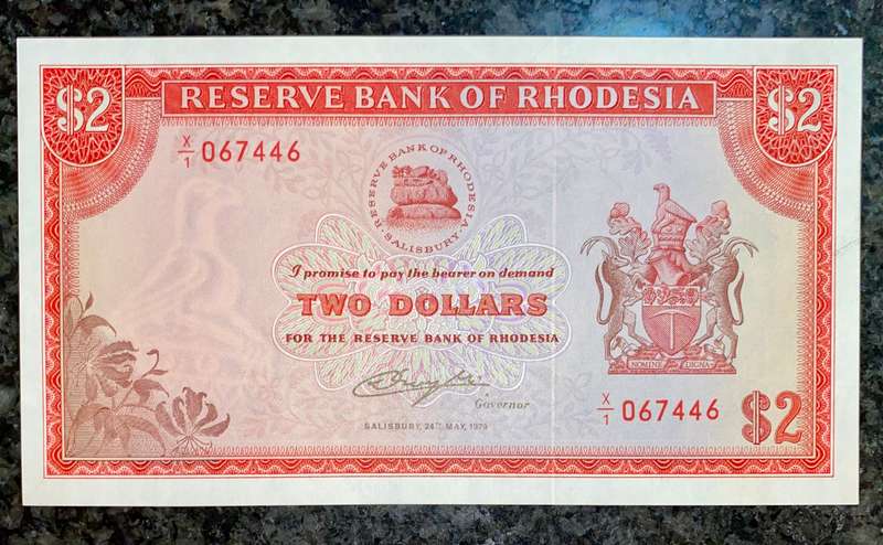 Rhodesia Replacement 2 Dollar 1979 -- X/1 - 067446 UNC WTM ZIM BIRD