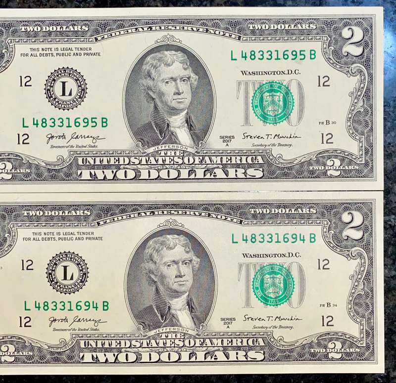 USA 2 dollars in sequence 695-694 San Francisco Federal mint 2017 UNC(1 bid takes all)