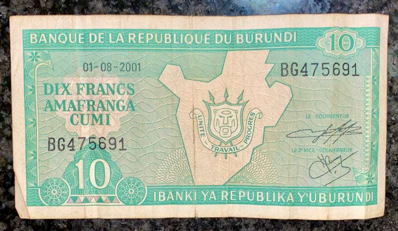 Burundi 10 francs 01-08-2001