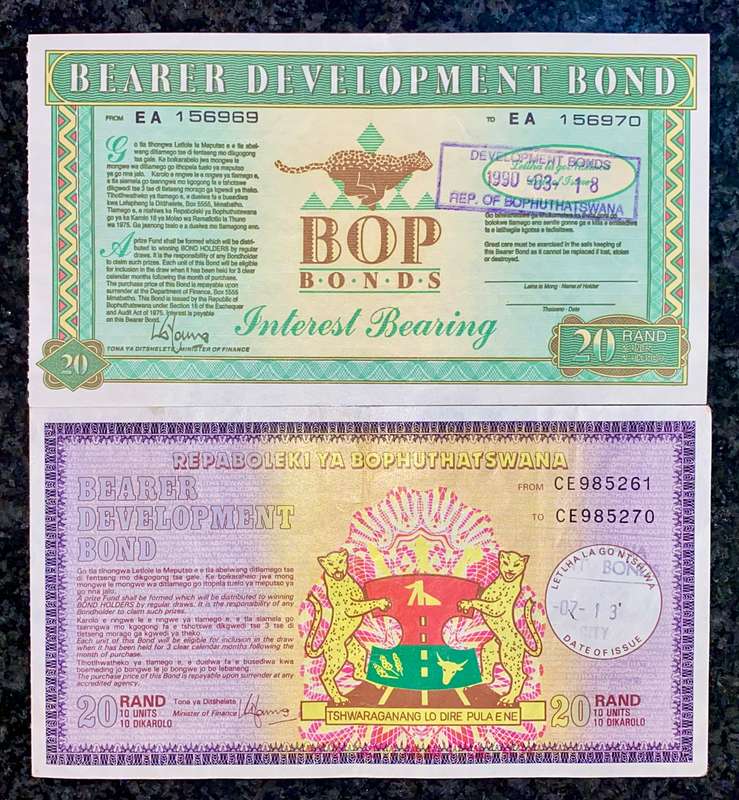 Bophuthatswana's BOP Bonds R20 -- 1990 (1 bid takes all)