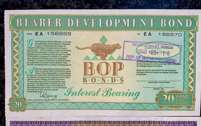Bophuthatswana's BOP Bonds R20 -- 1990 (1 bid takes all)