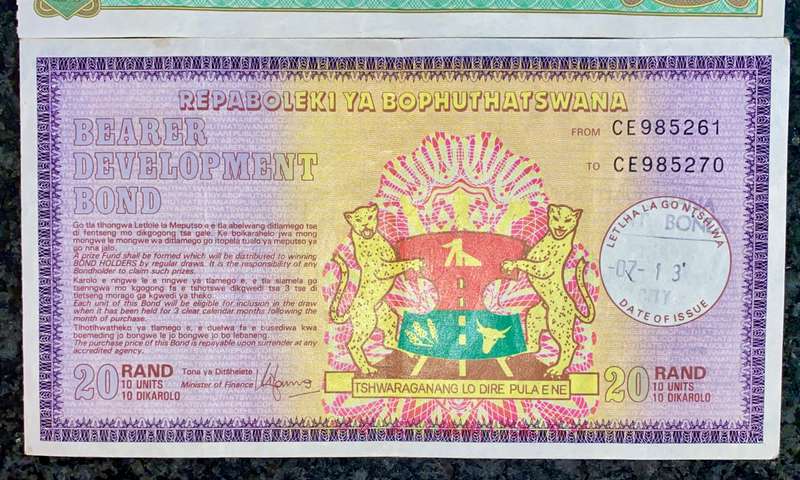 Bophuthatswana's BOP Bonds R20 -- 1990 (1 bid takes all)
