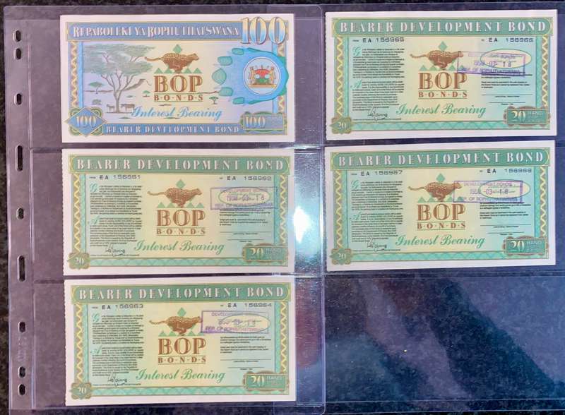 Bophuthatswana's BOP Bonds Collection R100 & R20 -- 1989-1990 good condition (1 bid takes all)
