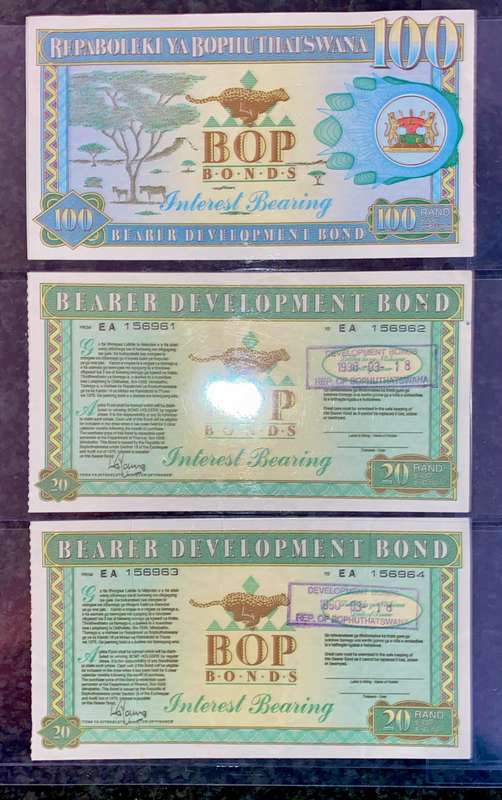 Bophuthatswana's BOP Bonds Collection R100 & R20 -- 1989-1990 good condition (1 bid takes all)