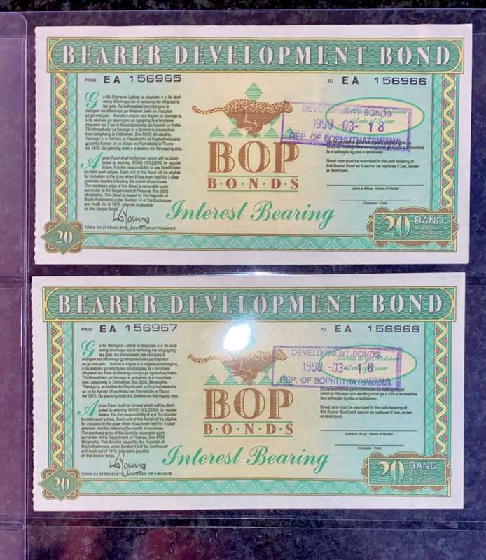 Bophuthatswana's BOP Bonds Collection R100 & R20 -- 1989-1990 good condition (1 bid takes all)