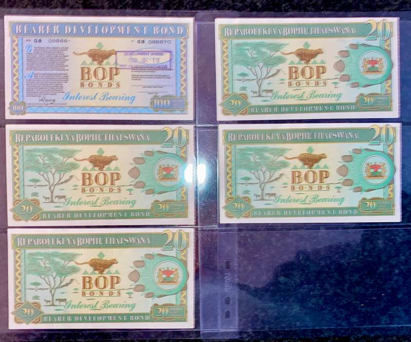 Bophuthatswana's BOP Bonds Collection R100 & R20 -- 1989-1990 good condition (1 bid takes all)