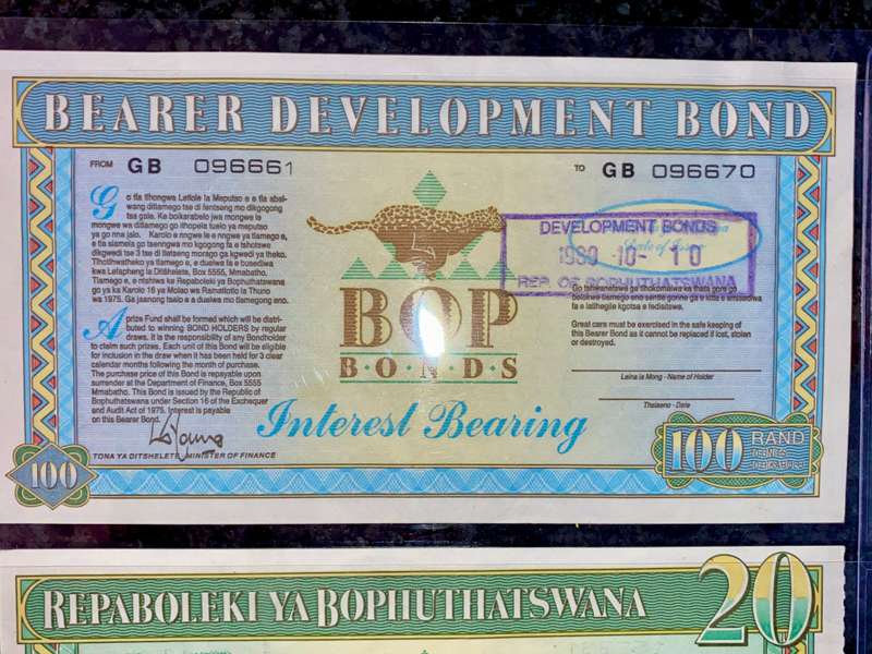 Bophuthatswana's BOP Bonds Collection R100 & R20 -- 1989-1990 good condition (1 bid takes all)