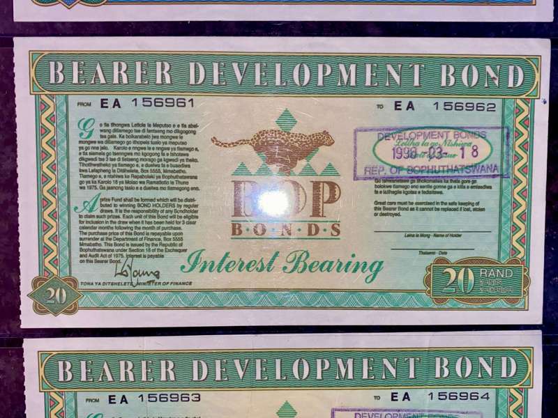 Bophuthatswana's BOP Bonds Collection R100 & R20 -- 1989-1990 good condition (1 bid takes all)