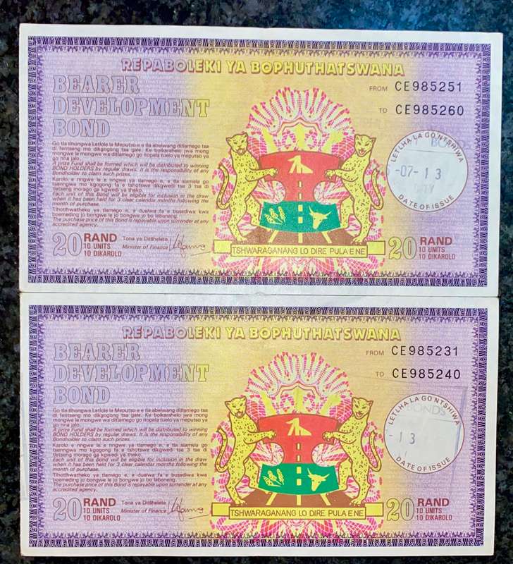Bophuthatswana's BOP Bonds R20 -- 1980-1990 (1 bid takes all)
