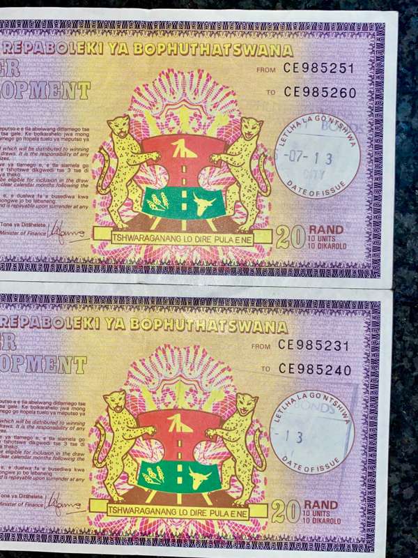 Bophuthatswana's BOP Bonds R20 -- 1980-1990 (1 bid takes all)