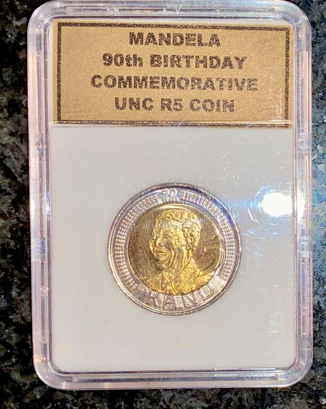 South Africa commemorative R5 - Nelson Mandela 90th birthday 2008 UNC in slab