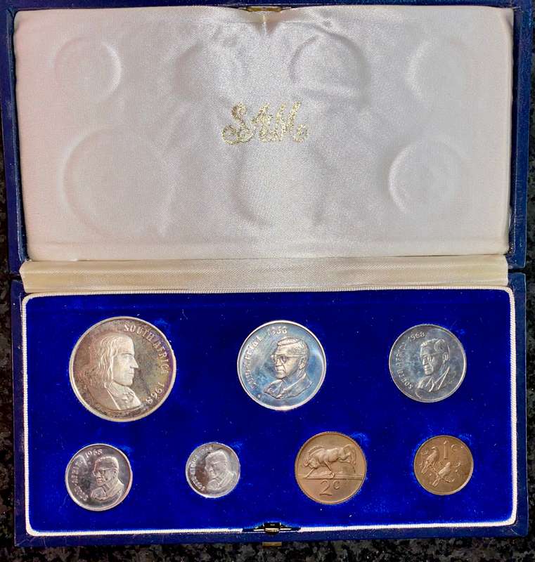 South Africa Proof set silver R1 TO 1 cent 1968 English blue SA mint box