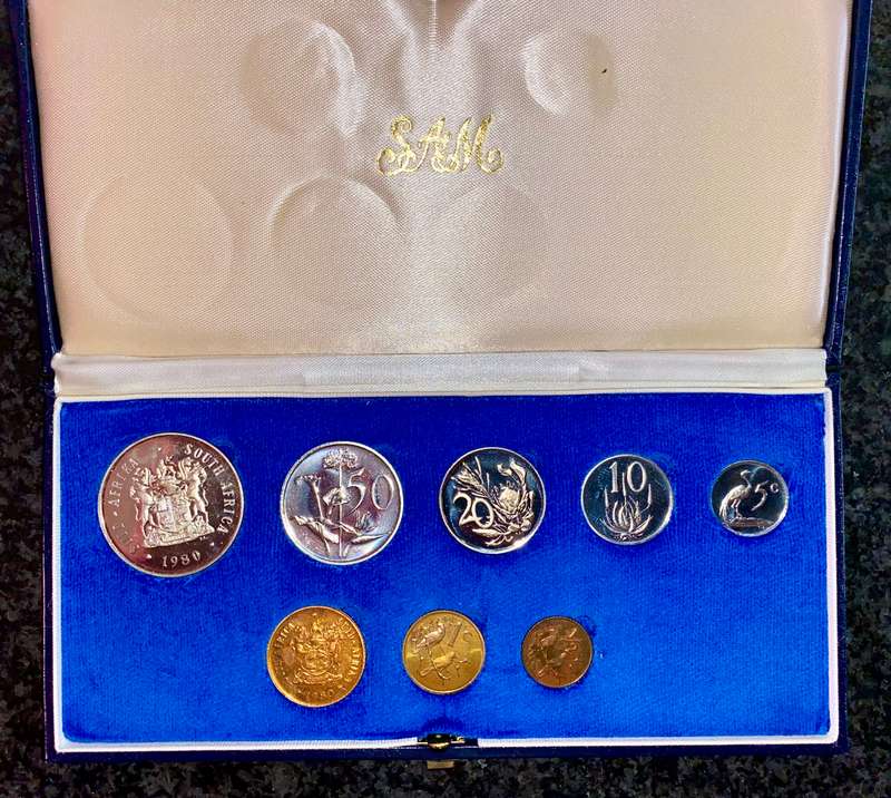 South Africa Proof set silver R1 TO 1/2 cent 1980 blue SA mint box