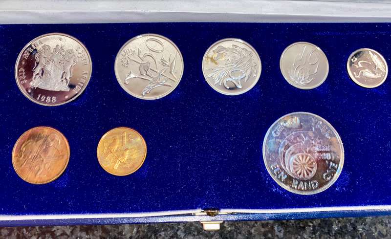 South Africa Proof set silver R1 (Groot Trek) TO 1 cent + nickel R1 - 1988 blue SA mint box