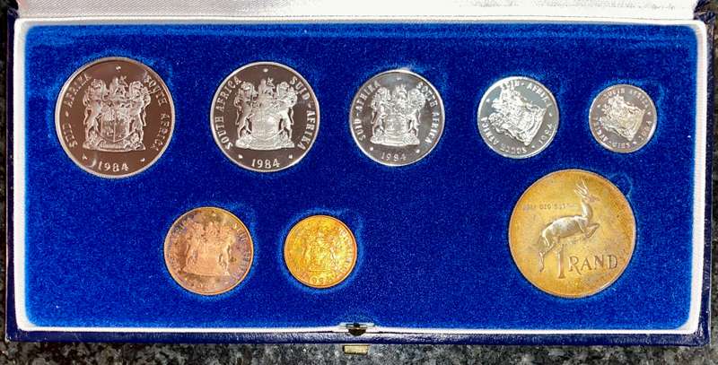 South Africa Proof set silver R1 (gold toning ) TO 1 cent + nickel R1 - 1984 blue SA mint box