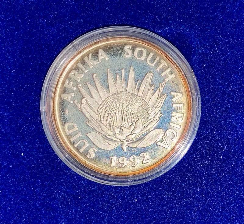 South Africa Proof silver R1 -- Soli Deo Gloria 1992 - blue SA mint box in capsule