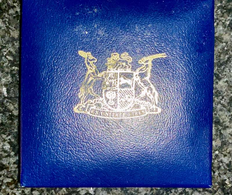 South Africa Proof silver R1 -- 1987 black toning - blue SA mint box
