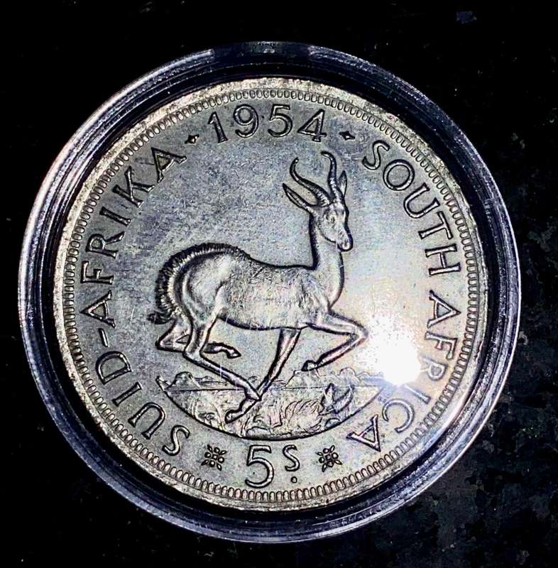 SA Union silver 5 shilling 1954 low mintage 17040 in capsule