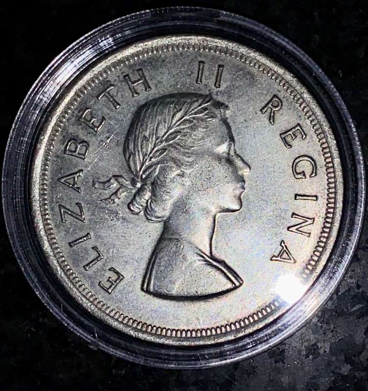SA Union silver 5 shilling 1954 low mintage 17040 in capsule