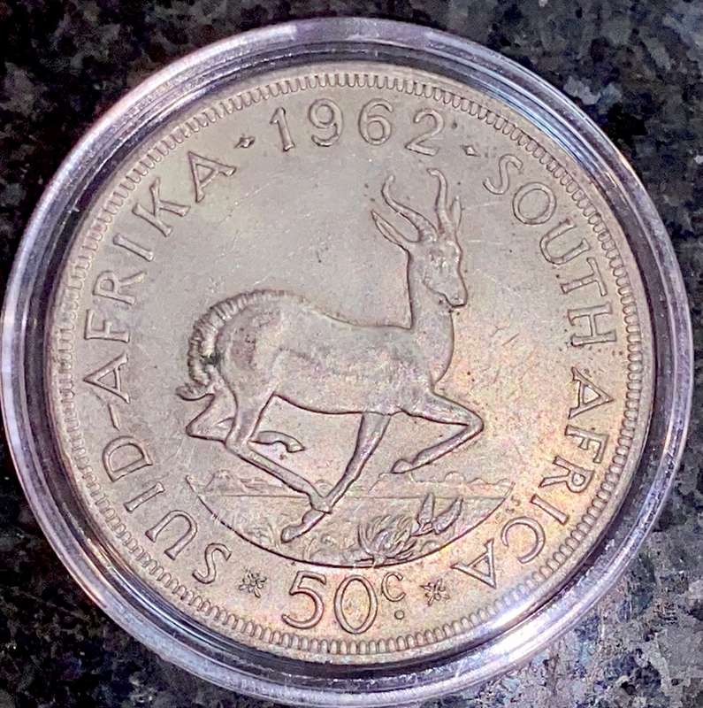 South Africa silver 50 cent 1962 low mintage 24378 crown size in capsule