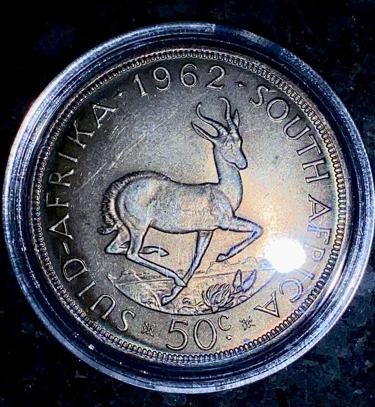 South Africa silver 50 cent 1962 low mintage 24378 crown size in capsule