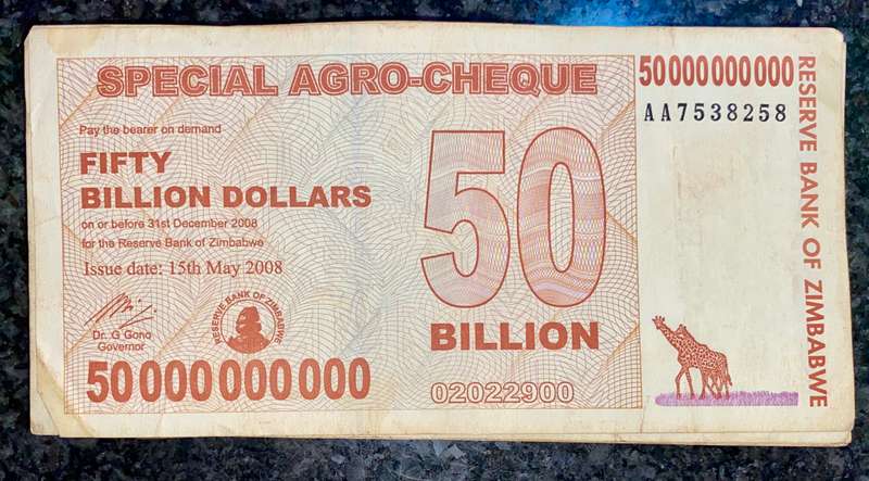 Zimbabwe. 50 billion dollars 2008 ( 1 bid takes all ) pack of 100