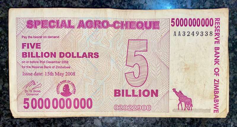 Zimbabwe. 5 billion dollars 2008 ( 1 bid takes all) ) pack of 100