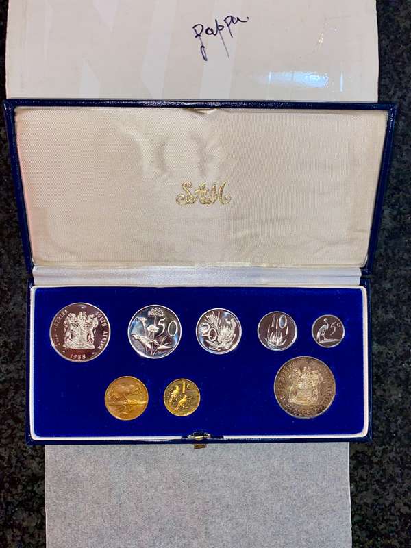South Africa Proof set silver R1 TO 1 cent + nickel R1 - 1988 blue SA mint box + cover