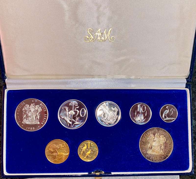 South Africa Proof set silver R1 TO 1 cent + nickel R1 - 1988 blue SA mint box + cover