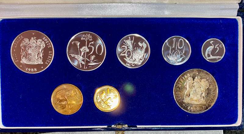 South Africa Proof set silver R1 TO 1 cent + nickel R1 - 1988 blue SA mint box + cover