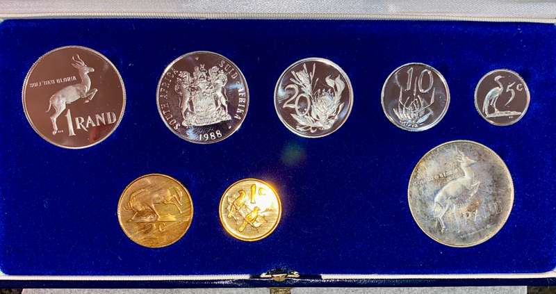 South Africa Proof set silver R1 TO 1 cent + nickel R1 - 1988 blue SA mint box + cover