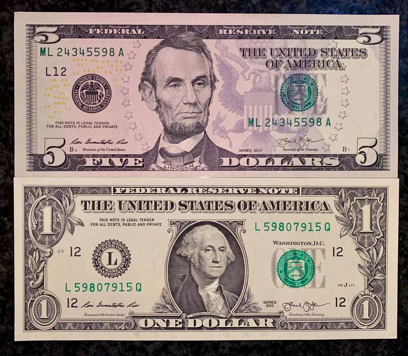 USA Set 5 dollar  & 1 dollar 2013 San Francisco Federal Reserve unc (1 bid takes all)