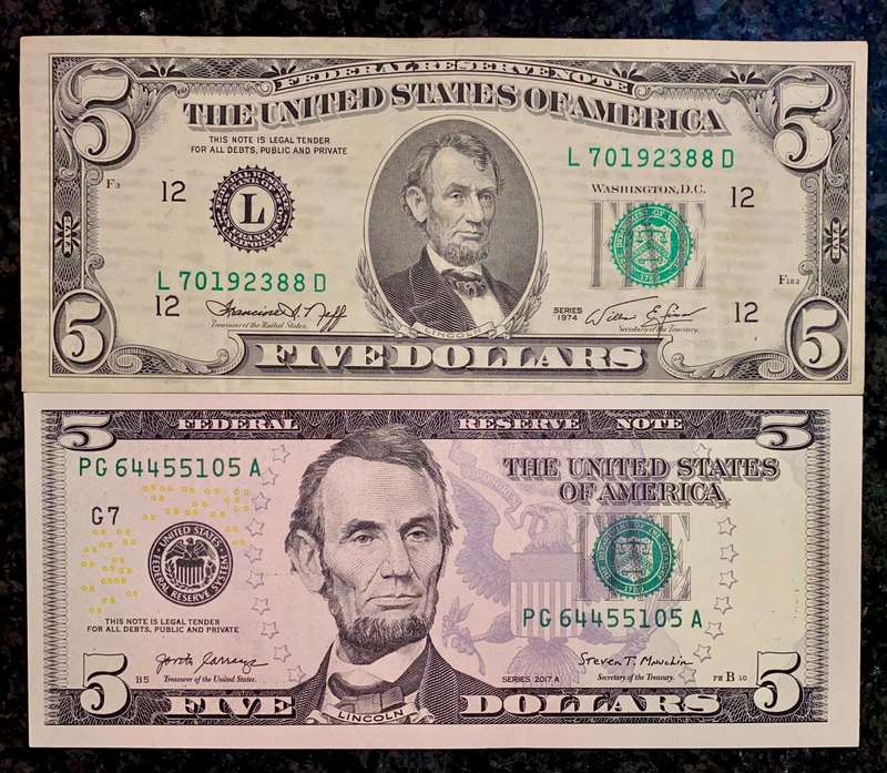USA Set 5 dollar San Francisco 1974 & Chicago Federal Reserve 2017 (1 bid takes all)