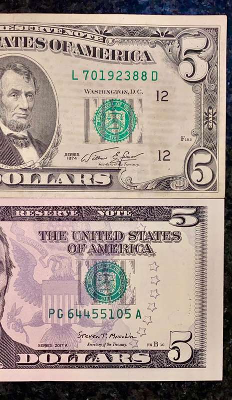 USA Set 5 dollar San Francisco 1974 & Chicago Federal Reserve 2017 (1 bid takes all)