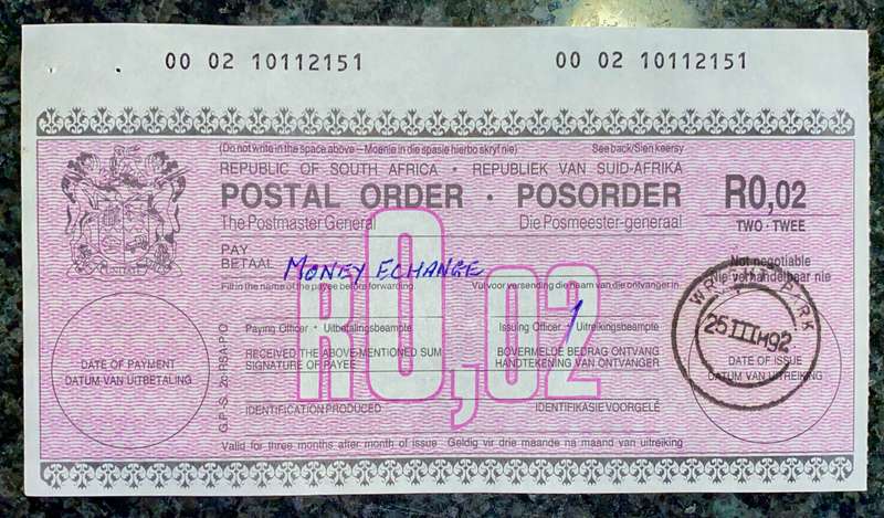 SOUTH AFRICA POSTAL ORDER 2 CENT 1992