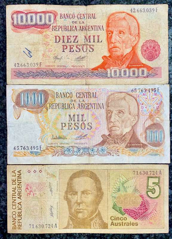 ARGENTINA SET DIEZ MIL 10.000 PESOS - 1000 PESOS - 5 AUSTRALES (1 BID TAKES ALL)