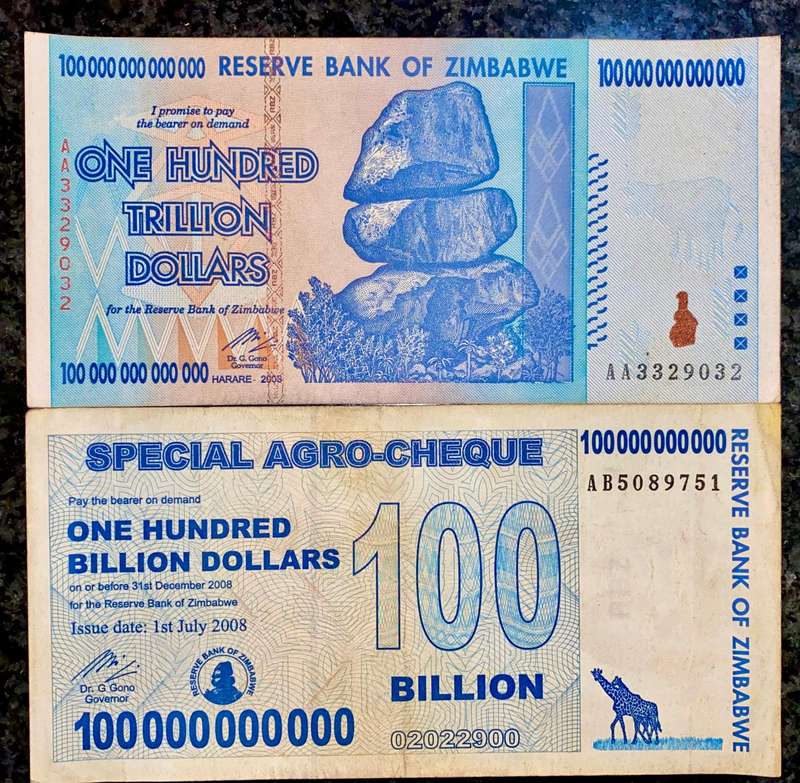 Zimbabwe Set - 100 Trillion dollars & 100 Billion dollars 2008 - 100% Authentic (1 bid takes all)