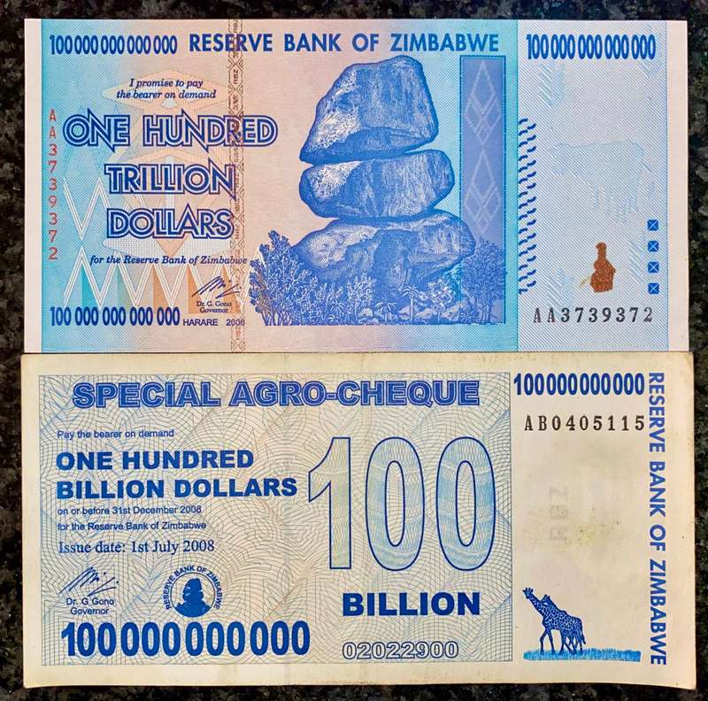 Zimbabwe Set - 100 Trillion dollars & 100 Billion dollars 2008 - 100% Authentic (1 bid takes all)