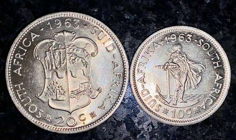 SOUTH AFRICA SILVER SET 20 CENT & 10 CENT 1963 -- VERY GOOD CONDITION (1 BID TAKES ALL)