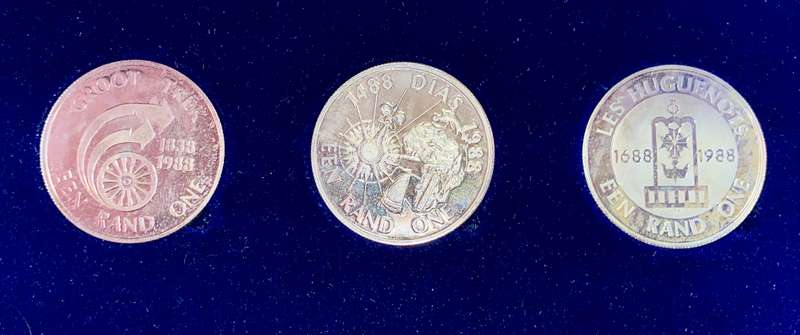 SOUTH AFRICA SILVER COMMEMORATIVE PROOF 1988 SET R1 -- DIAS - GROOT TREK - LES HUGUENOT IN BLUE BOX