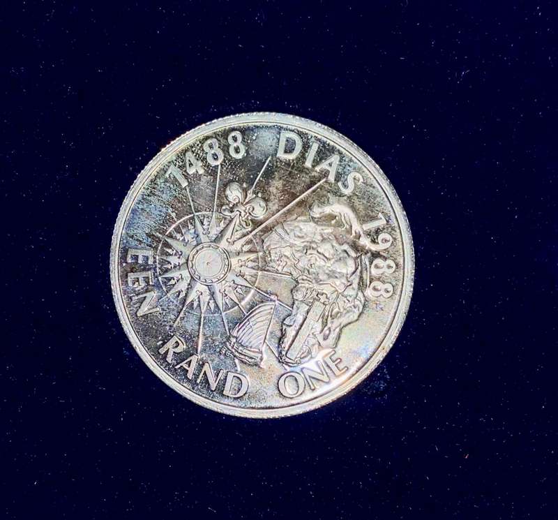 SOUTH AFRICA SILVER COMMEMORATIVE PROOF 1988 SET R1 -- DIAS - GROOT TREK - LES HUGUENOT IN BLUE BOX