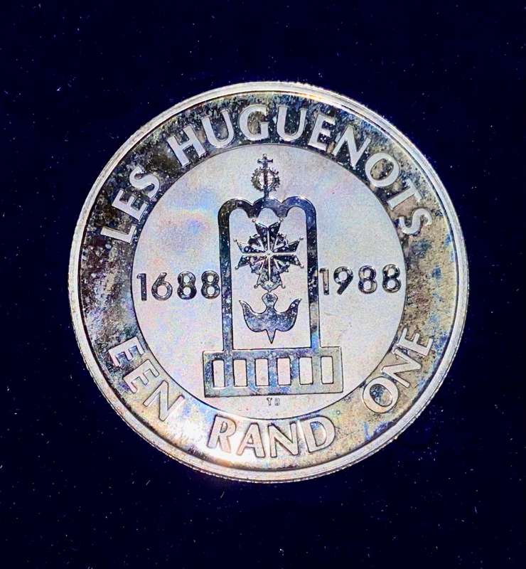 SOUTH AFRICA SILVER COMMEMORATIVE PROOF 1988 SET R1 -- DIAS - GROOT TREK - LES HUGUENOT IN BLUE BOX
