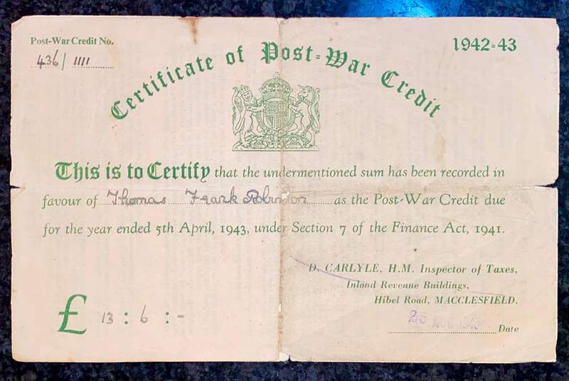 Post War Credit 1942-1943 due 5th April 1943 green print
