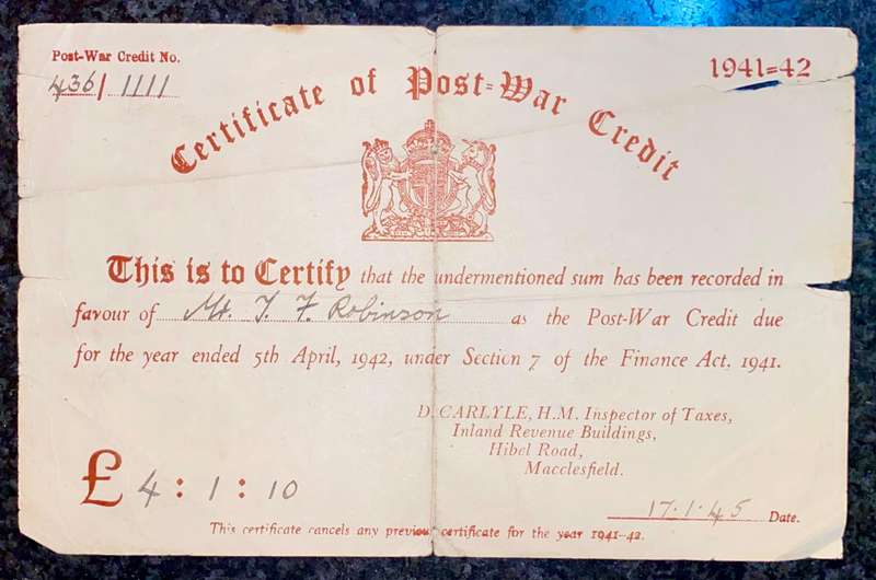 Post War Credit 1941-1942 due 5th April 1942 red print
