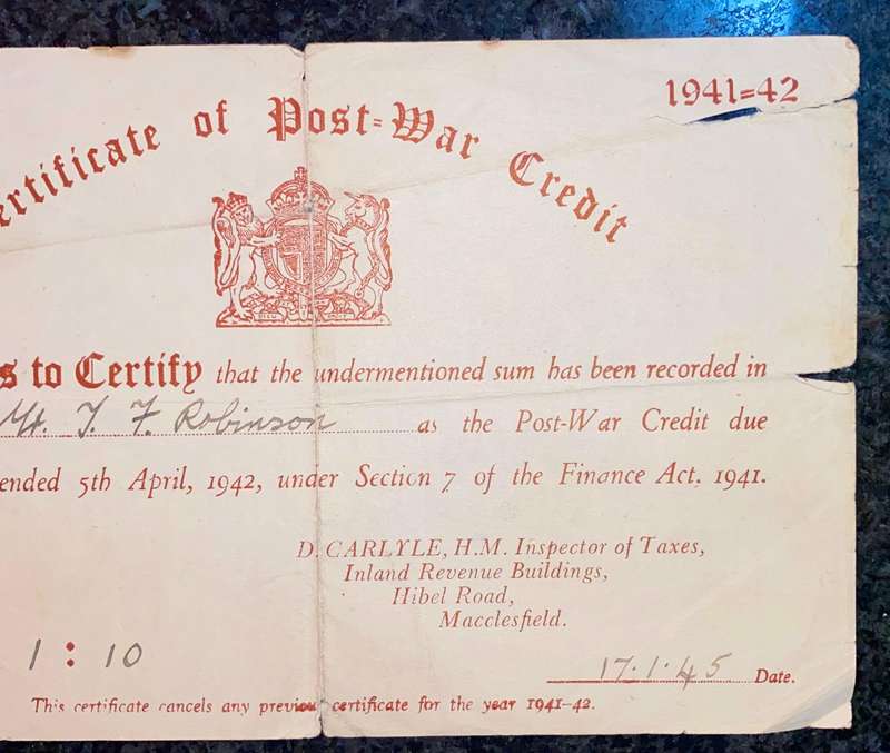Post War Credit 1941-1942 due 5th April 1942 red print