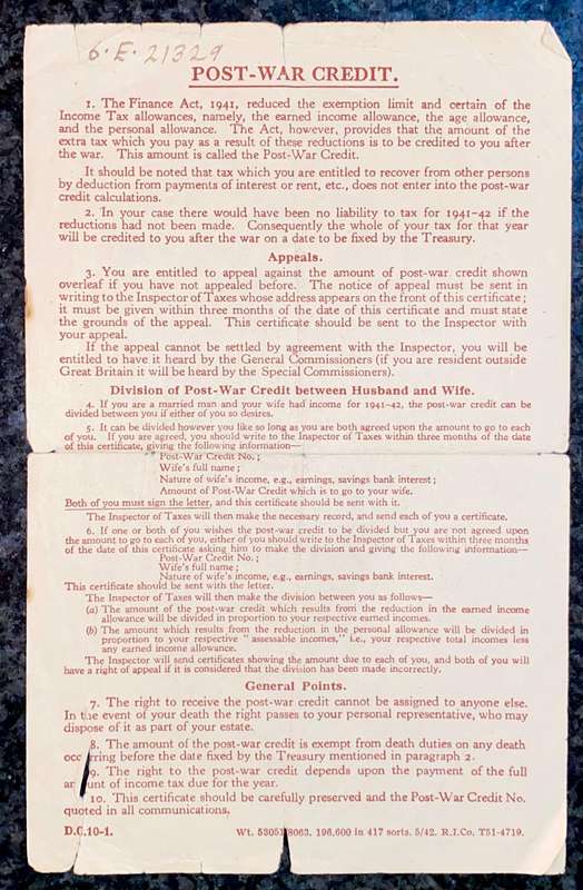 Post War Credit 1941-1942 due 5th April 1942 red print